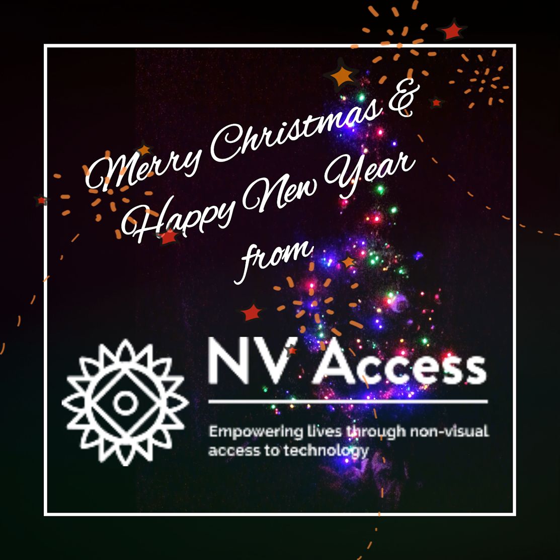 Merry Christmas & Happy New Year from NV Access (on black with Christmas lights)