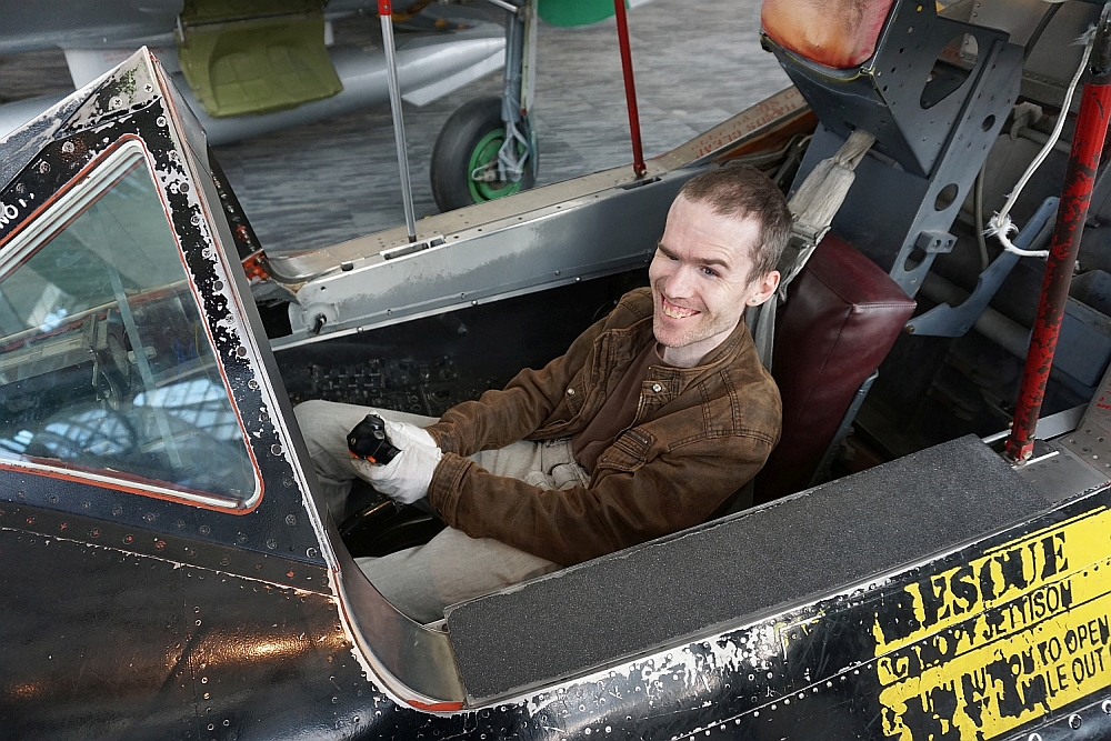 Michael Curran in SR-71 Blackbird cockpit at the Museum of Flight, Seattle