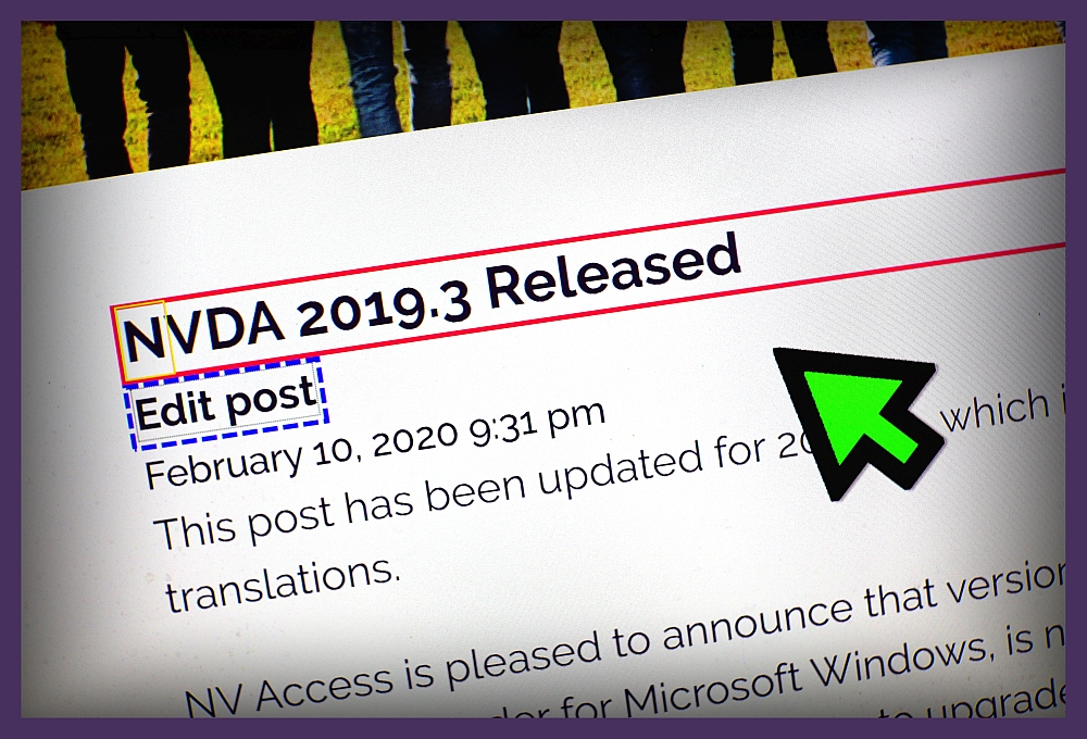 Image of NVDA 2019.3 release announcement showing text highlighted using new Focus Highlight feature