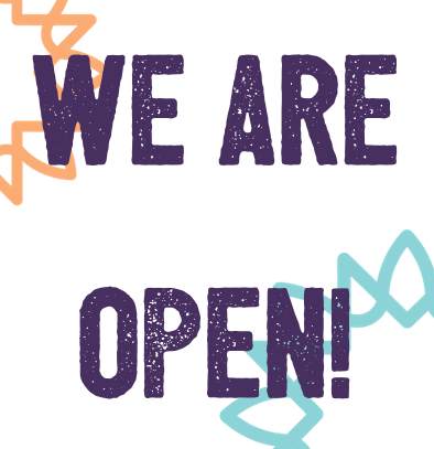 "We are open!" text with sunburst background