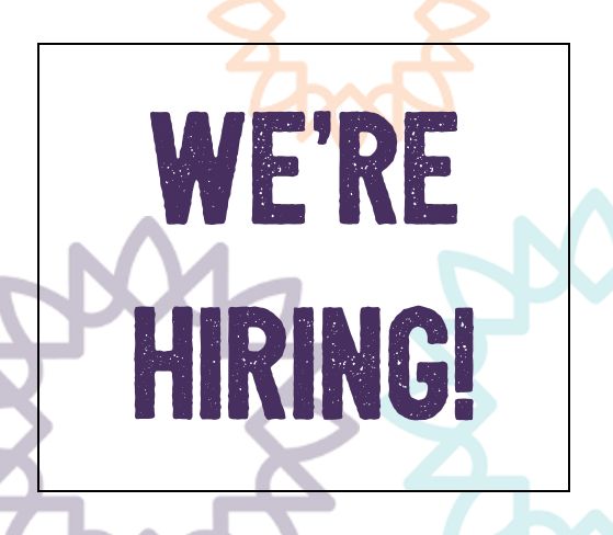 We're Hiring text in purple with sunburst decorations