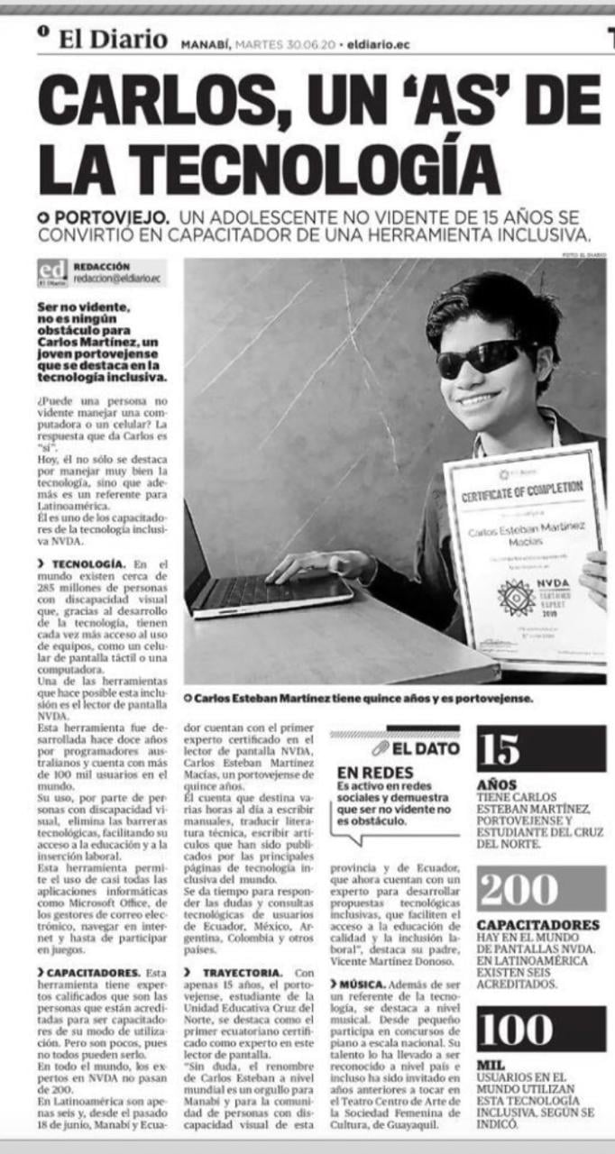 Carlos, un 'as' de la technologia ("Carlos, an 'ace' of technology" from El Diario Newspaper, 30/06/2020