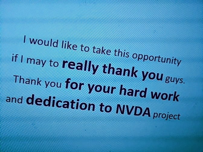 Text "I would like to take this opportunity if  Imay to really thank you guys.  Thank you for your hard work and dedication to NVDA project" in purple on turquoise.