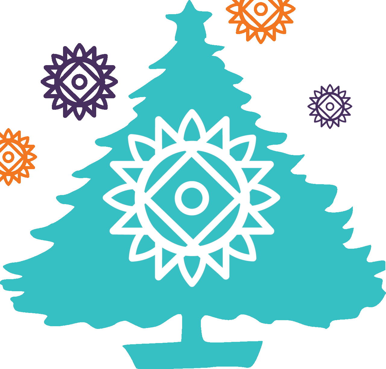 Turquoise Christmas tree with white NVDA sun logo in centre.  Purple and Orange NVDA sun logos around outside