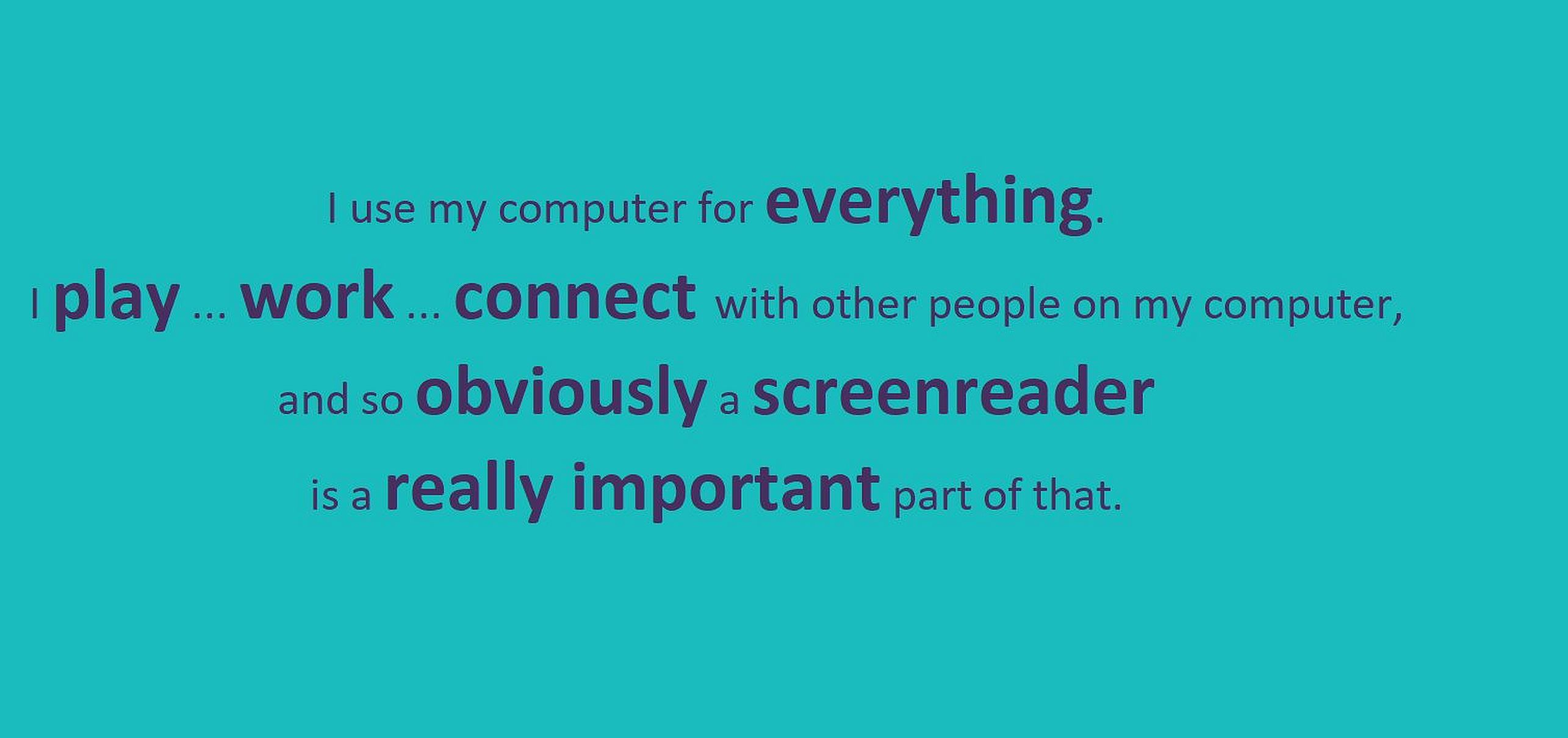 Text "I use my computer for everything.  I play, work, connect with other people on my computer, and so obviously, a screenreader is a really important part of that." in purple on turquoise.