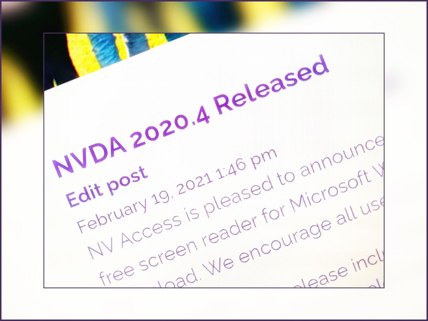 Image of 2020.4 release announcement, tilted on blurred background