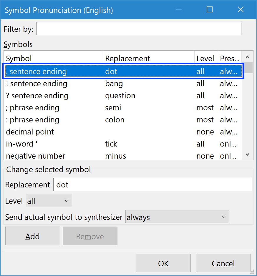 NVDA Symbol Pronunciation dialog