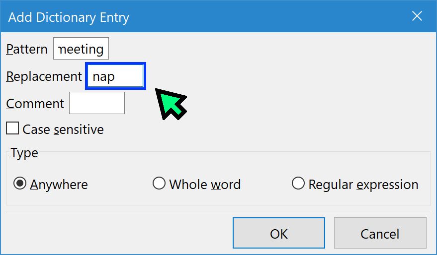 Speech dictionary entry replacing "meeting" with "nap"