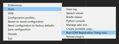 NVDA's COM Registration Fixing Tool menu item