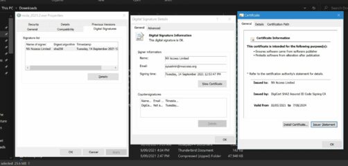 Screenshot of NVDA_2021.2.exe properties showing details page and digital certificate