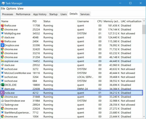 Image of Details view of Task Manager in Windows 10