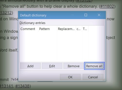 Default Speech Dictionary window with "Remove All" button highlighted