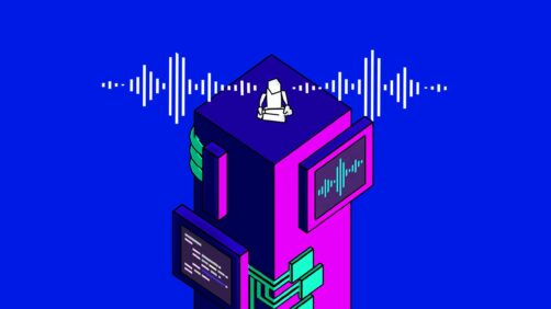 History of Screen Readers cover image (from The Verge article) - features a stylized geometric person sitting on a tower covered in screens and cables with sound waves coming out to either side, all in blues, pinks and turquoise.