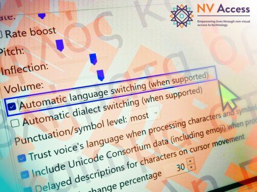 NVDA speech settings screen with "Automatic language switching (when supported)" selected.  Image is overlaid with text in Greek and Japanese.