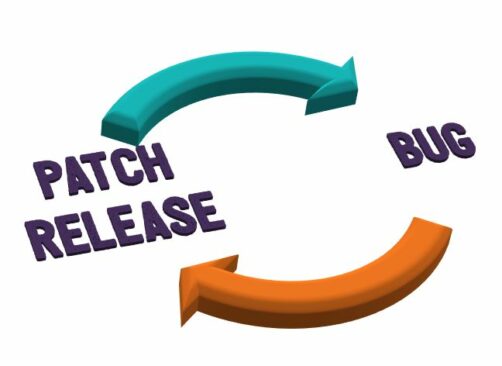 Text "Patch Release" in purple.  Turquoise arrow from this to the text "Bug".  Orange arrow from the word "bug" back to "Patch release".