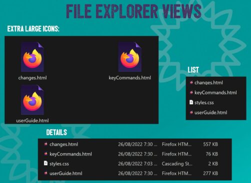 Three views of file explorer: Extra large icons, list, and details