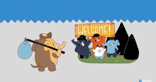Welcome to Mastodon - a Mastodon, a type of ancient mammoth - approaching a group of Mastodon who are eagerly waiting, holding a 'Welcome' sign.
