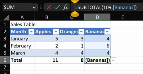 Table in Excel with sales for Jan - March for apples, oranges and bananas.  The table has banded rows in blue, and the subtotle formula for the Bananas column is shows.