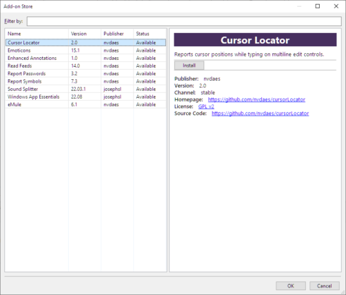 a screenshot of the add-on store in NVDA. It shows a list of available add-ons to install, information about a selected add-on and the option to install the add-on