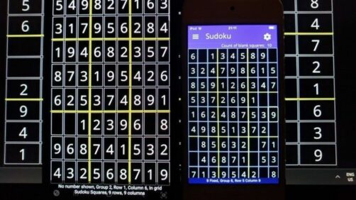 Screenshots from Guy Barker's Grid Game, an accessible Sudoku game