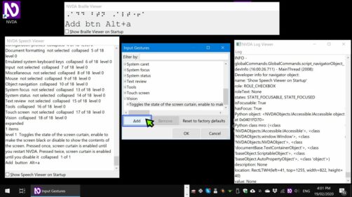 Screenshot of a PC desktop with NVDA icon top left, NVDA's speech viewer on the left, Braille viewer above, Log viewer on the right and the Input Gestures window in the middle.