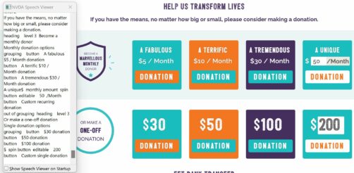 NVDA's Speech viewer (left) displaying what NVDA has read while navigating through the donation options on the NVDA site