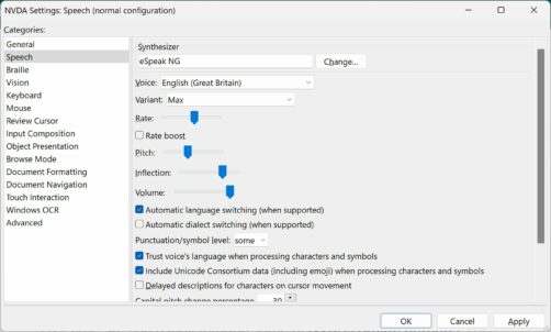 Screen shot of NVDA's speech settings