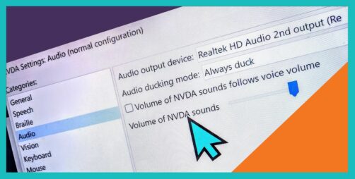 Screenshot of NVDA's new audio settings screen, shown on an angle with large turquoise mouse pointer and with borders in NV Access purple, orange and turquoise