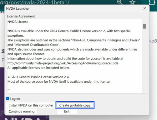 Screenshot of the NVDA launcher window showing the license agreement. Of the four action buttons, the "Create portable copy" button is selected