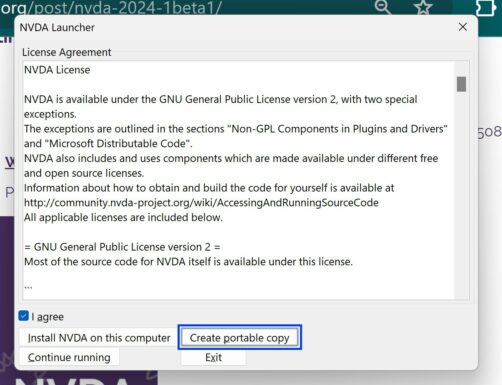 Screenshot of the NVDA launcher window showing the license agreement.  Of the four action buttons, the "Create portable copy" button is selected