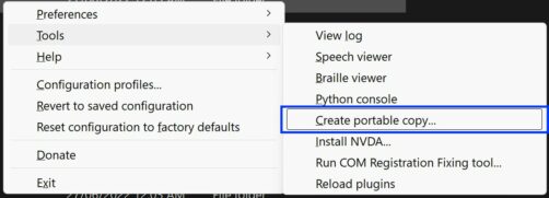 Image of NVDA menu with tools menu open and focus highlight on "Create portable copy"