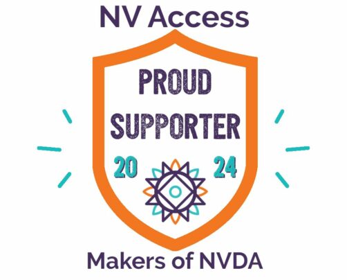 An orange shield with small turquoise decorations either side. The image contains the text “NV Access” above, “PROUD SUPPORTER” inside and “Makers of NVDA” below the shield, all in purple. The year is inside the shield, in turquoise and split by the sunburst design from the NV Access logo.