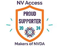 An orange shield with small turquoise decorations either side. The image contains the text “NV Access” above, “PROUD SPUPORTER” inside and “Makers of NVDA” below the shield, all in purple. The year is inside the shield, in turquoise and split by the sunburst design from the NV Access logo.