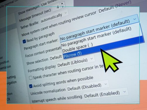 Image of NVDA's Braille Settings screen with "Read by Paragraph" checked, the "Paragraph start marker" drop-down open and a mouse pointer on the "Pilcrow" option