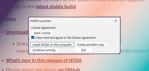 Image of NVDA launcher screen with "Install NVDA on this computer" button selected.  Over download page with NV Access colours behind launcher