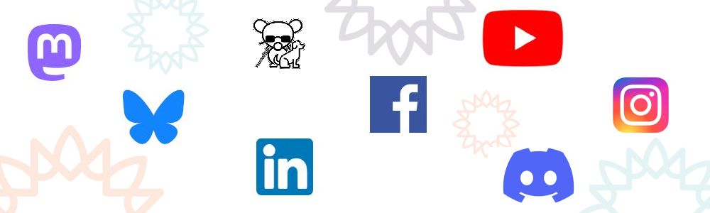 Image of various logos for various social media platforms (Mastodon, Bluesky, RBlind, LinkedIn, Facebook, YouTube, Discord and Instagram) with several NV Access sunburst designs around edge