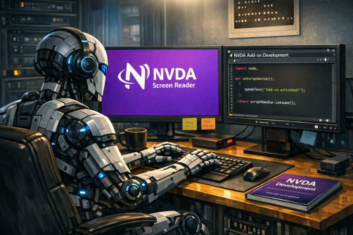 Drawing of a robot sitting at a desk typing.  On one monitor is "NVDA Screen reader" in white on purple and on the other is some code (which has an on script action to speak "Add-on activated!")  There is a coffee cup and an NVDA Development book on the desk as well as the keyboard the robot is using.  One monitor has post it notes with "Debug" (underlined three times) and "Test Add-on" written on them.