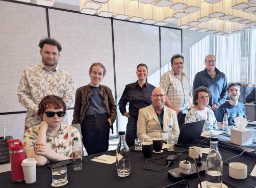 NV Access staff and board May 2026.  L-R Sean, Sascha, Mick, Michaela, Quentin, Matt, Emma, James B, Jamie T. Absent Jevan