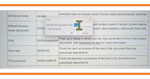 Screenshot of NVDA's find window on top of the User Guide at the find commands