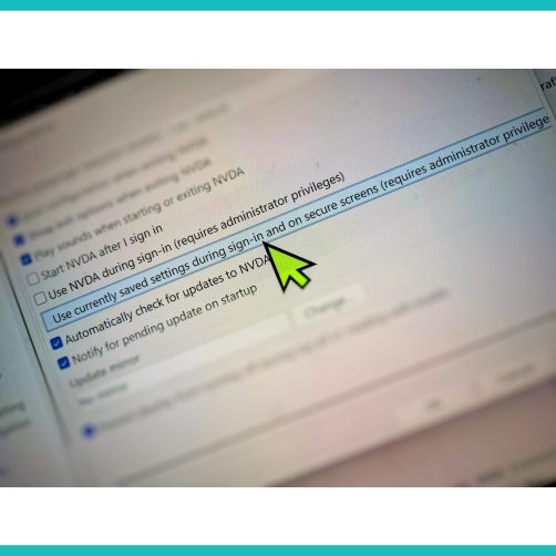 Photograph of the NVDA General Settings with the mouse pointer hovering over the "Use Currently Saved settings during sign in and on secure screens" button. White and turquoise stripes top and bottom to make a square image.