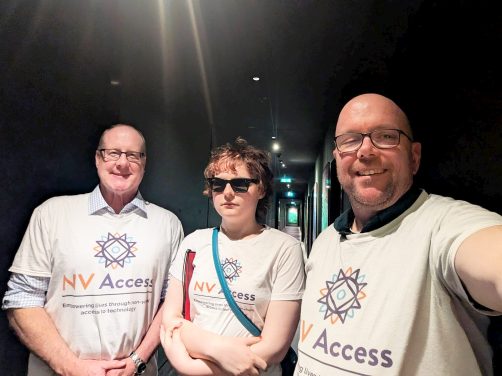 James, Sascha and Quentin in NV Access tshirts against a dark background