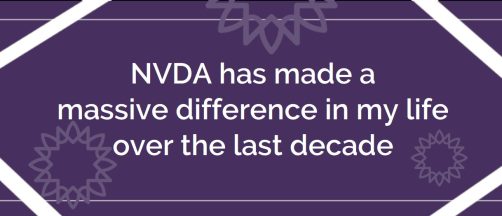 Text "NVDA has made a massive difference in my life over the last decade" in white on purple with lighter sunbursts around, thin white lines top and bottom and white lines across the corners