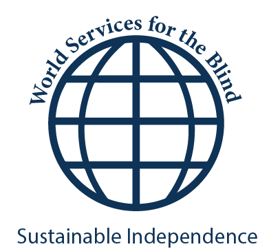 WSB Logo: World Services for the blind around the top of a globe outline with three horizontal and three vertical (curved) lines, with "Sustainable Independence" below