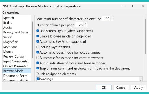 Screenshot of the browse mode settings