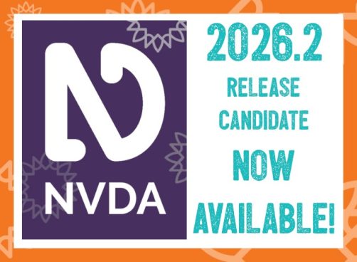 Left: NVDA icon and text in white on purple with lighter sunbursts in background.
Right: text "2026.2 Release Candidate Now Available!" in purple on white, all surrounded by white and orange border with faint sunbursts around edge